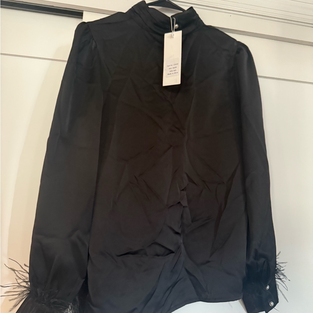 Elegant Black Blouse with Feather Cuffs.. One Size ..